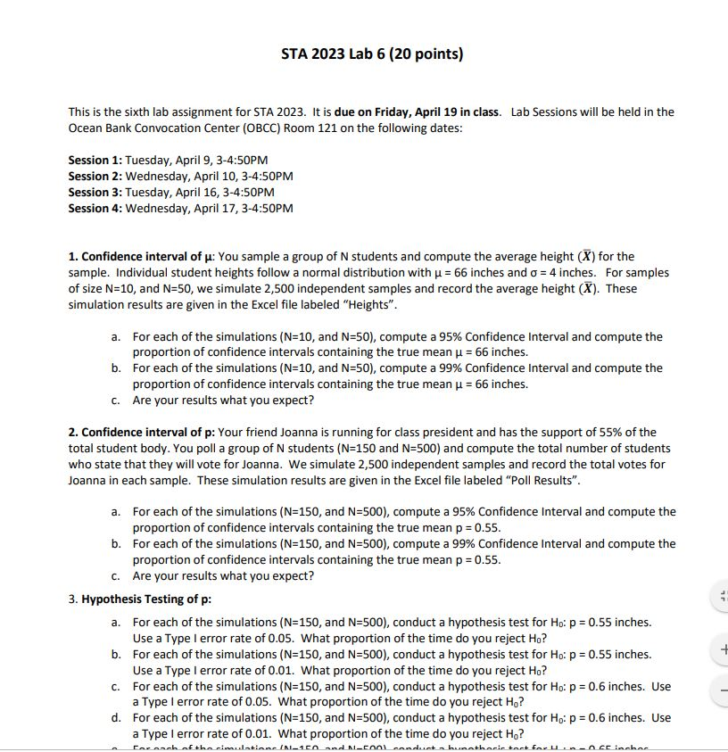STA 2023 Lab 6 (20 points) This is the sixth lab | Chegg.com