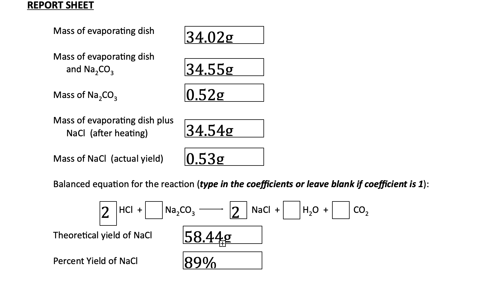 Solved REPORT SHEET Mass of evaporating dish 34.02g Mass of