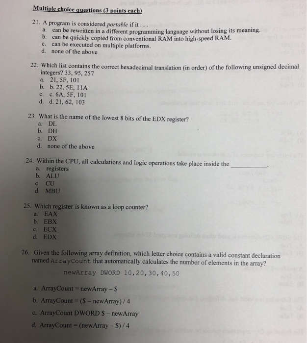 Solved Multiple choice questions (3 points each) 21. A | Chegg.com