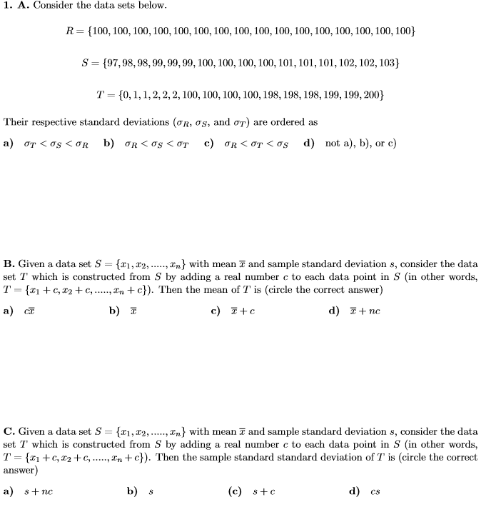 Solved 1 A Consider The Data Sets Below R 100 100 1 Chegg Com