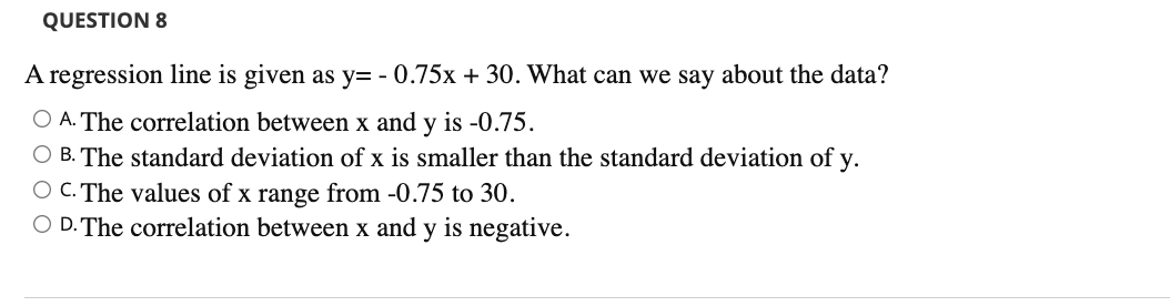 Solved QUESTION 8 A regression line is given as y=-0.75x + | Chegg.com