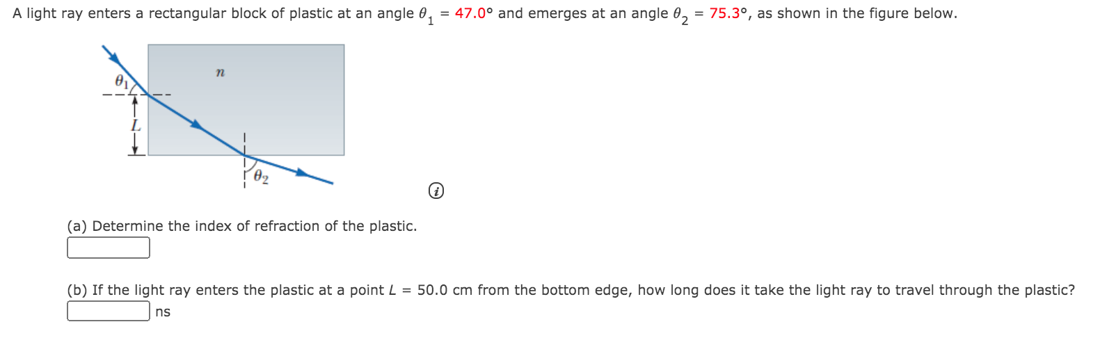 Solved A light ray enters a rectangular block of plastic at | Chegg.com