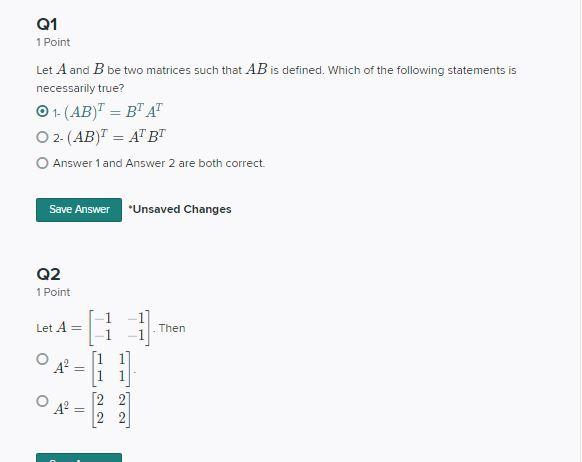 Solved Q1 1 Point Let A and B be two matrices such that AB | Chegg.com