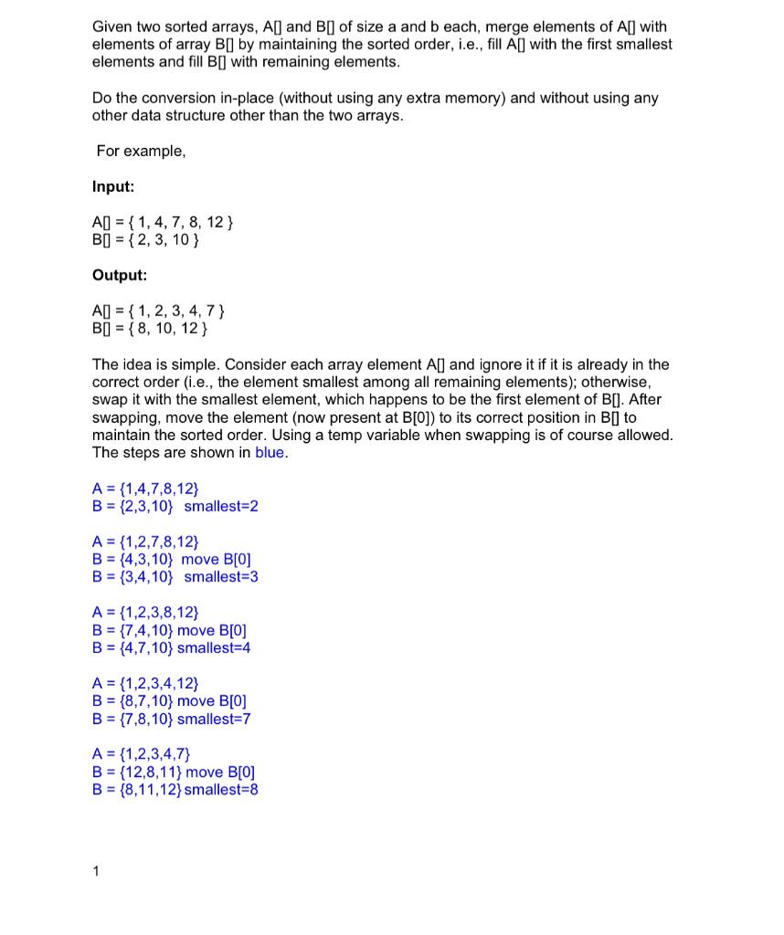 Solved Given Two Sorted Arrays, A[ And B[D Of Size A And B | Chegg.com