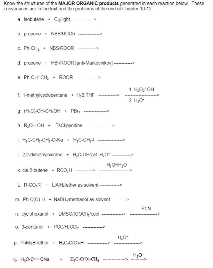 Solved Know the structures of the MAJOR ORGANIC products | Chegg.com