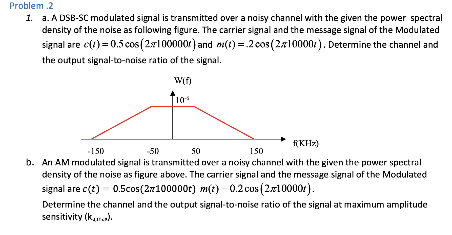 1. a. A DSB-SC modulated signal is transmitted over a noisy channel with the given the power spectral density of the noise as