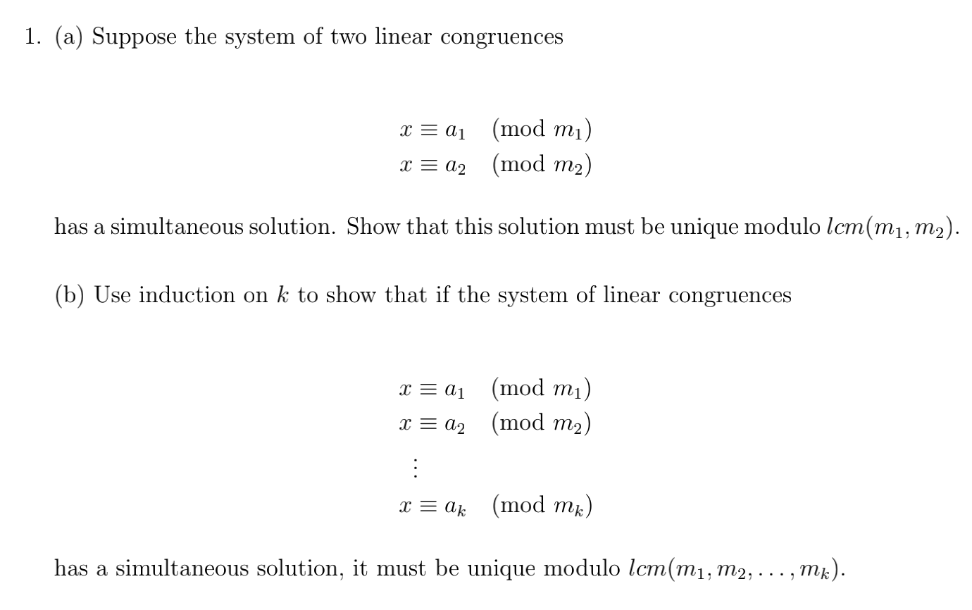 Solved 1. (a) Suppose The System Of Two Linear Congruences X | Chegg.com