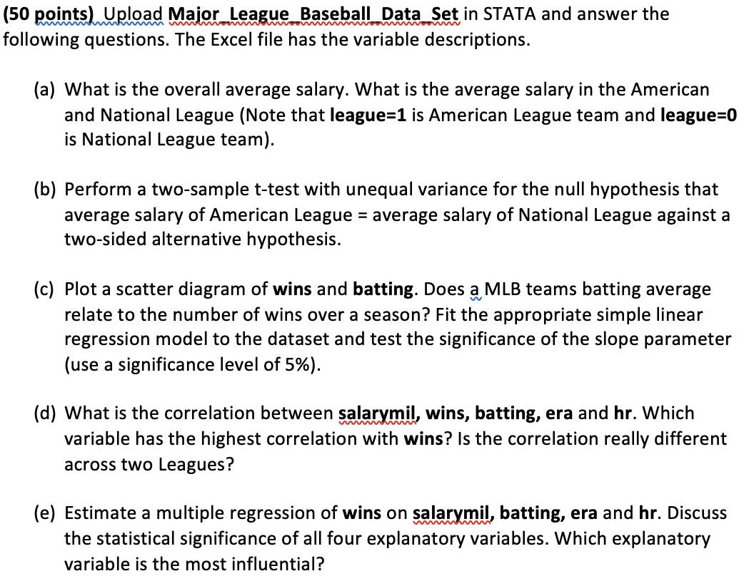 (50 points) Upload Major League Baseball Data Set in | Chegg.com