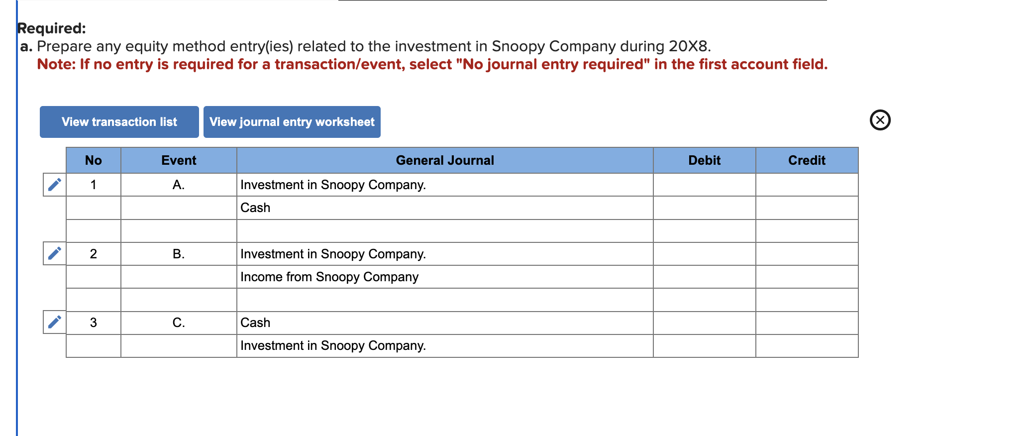 Required:
a. Prepare any equity method entry(ies) related to the investment in Snoopy Company during \( 20 \times 8 . \)
Note