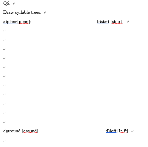 Q6. + Draw syllable trees. a)plane[plein]- b)start | Chegg.com