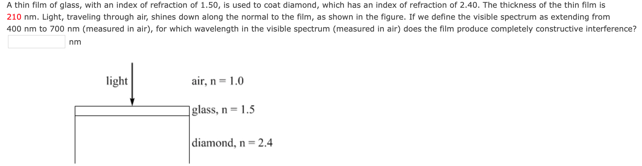 Solved A thin film of glass, with an index of refraction of | Chegg.com