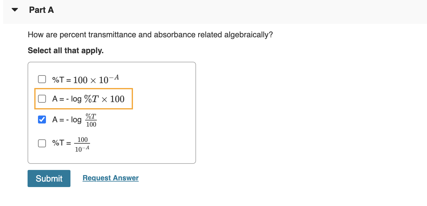 Solved Part A How are percent transmittance and absorbance
