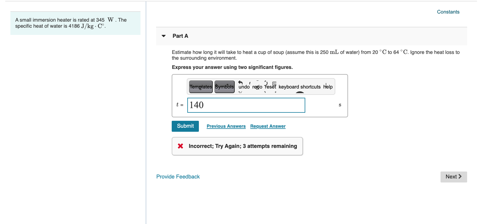 Solved Constants A Small Immersion Heater Is Rated At 345 Chegg Com