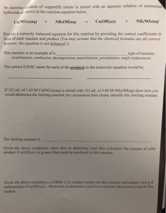 Solved An aqueous solution of copper(II) nitrate is mixed