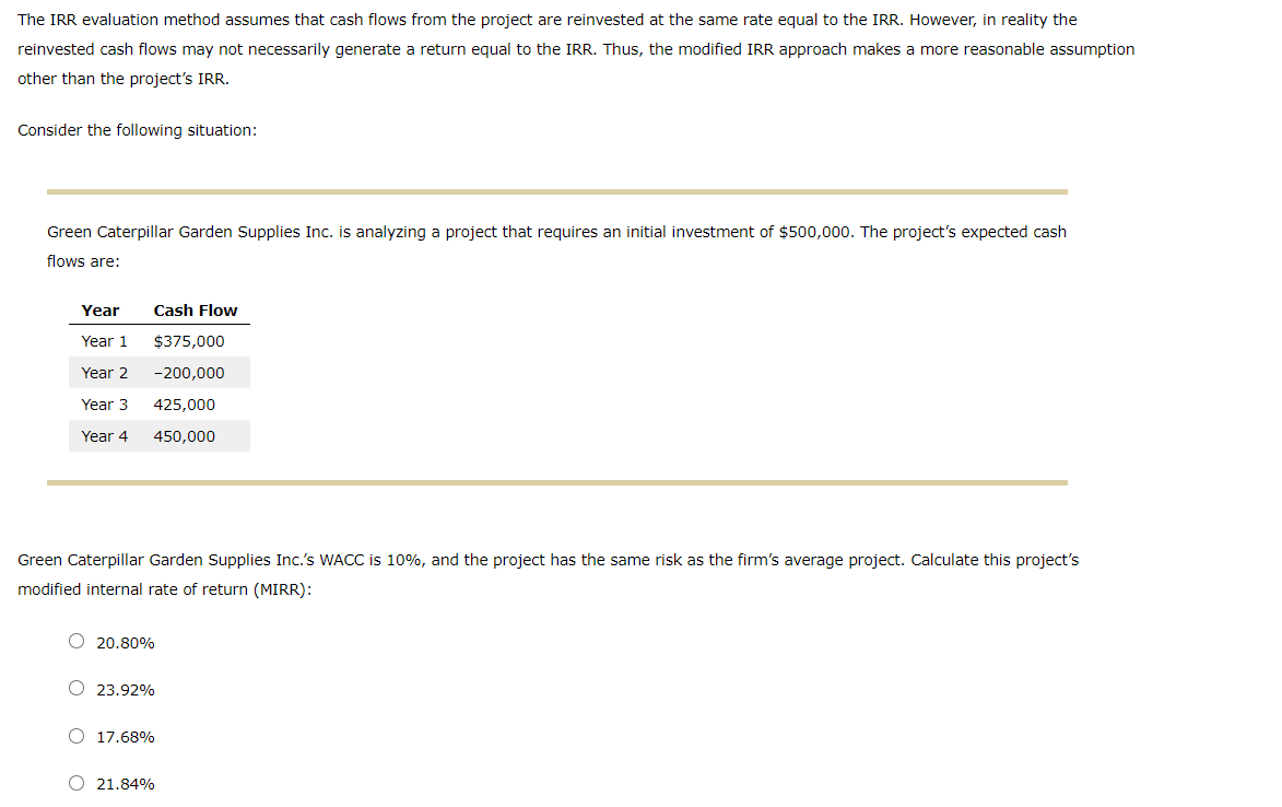 Solved The IRR evaluation method assumes that cash flows | Chegg.com