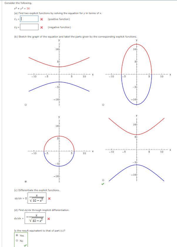 Solved Consider the following. x2 y236 (a) Find two explicit | Chegg.com