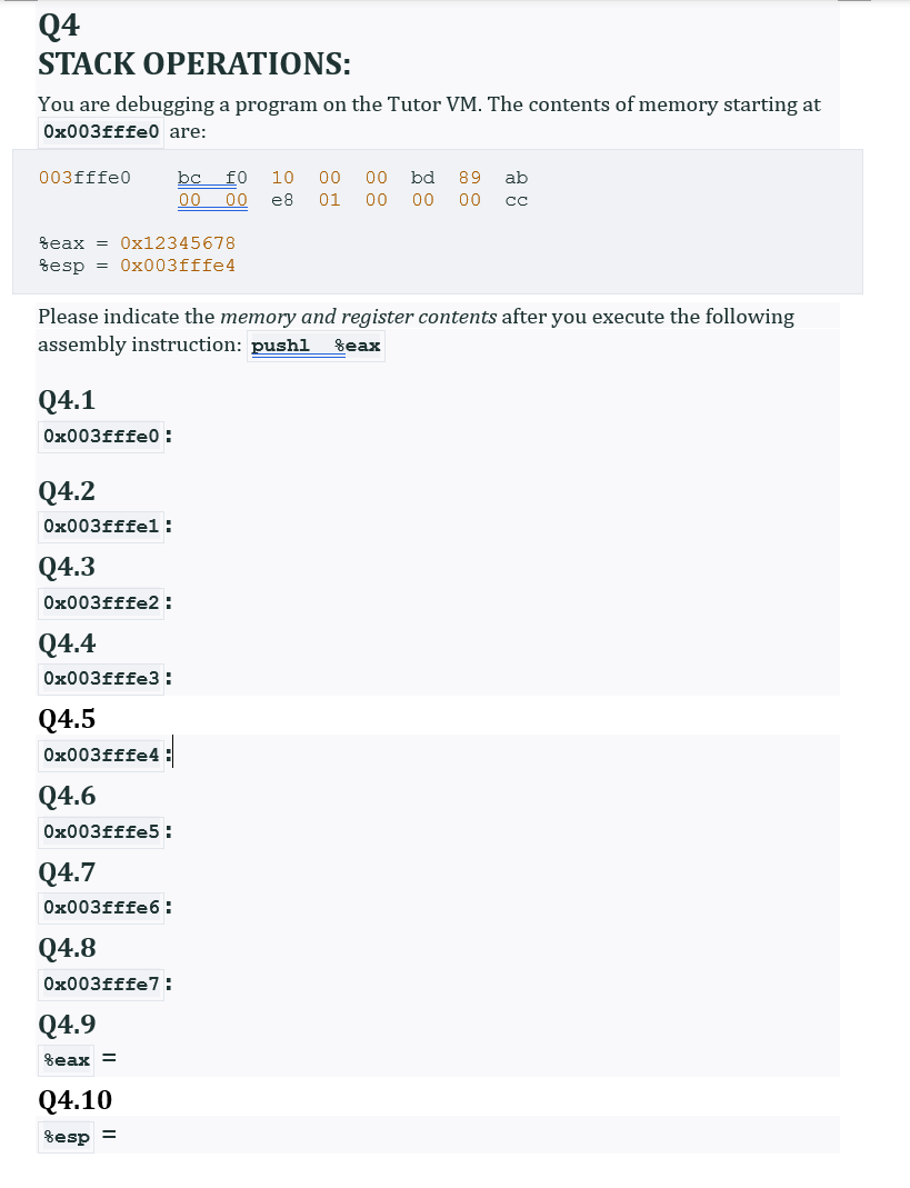 Q4 STACK OPERATIONS: You are debugging a program on | Chegg.com