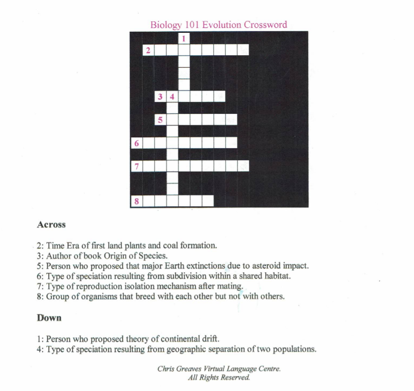 Solved Biology 101 Evolution Crossword 2 34 5 6 7 8 Across Chegg com