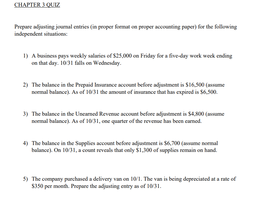 Solved CHAPTER 3 QUIZ Prepare adjusting journal entries (in | Chegg.com