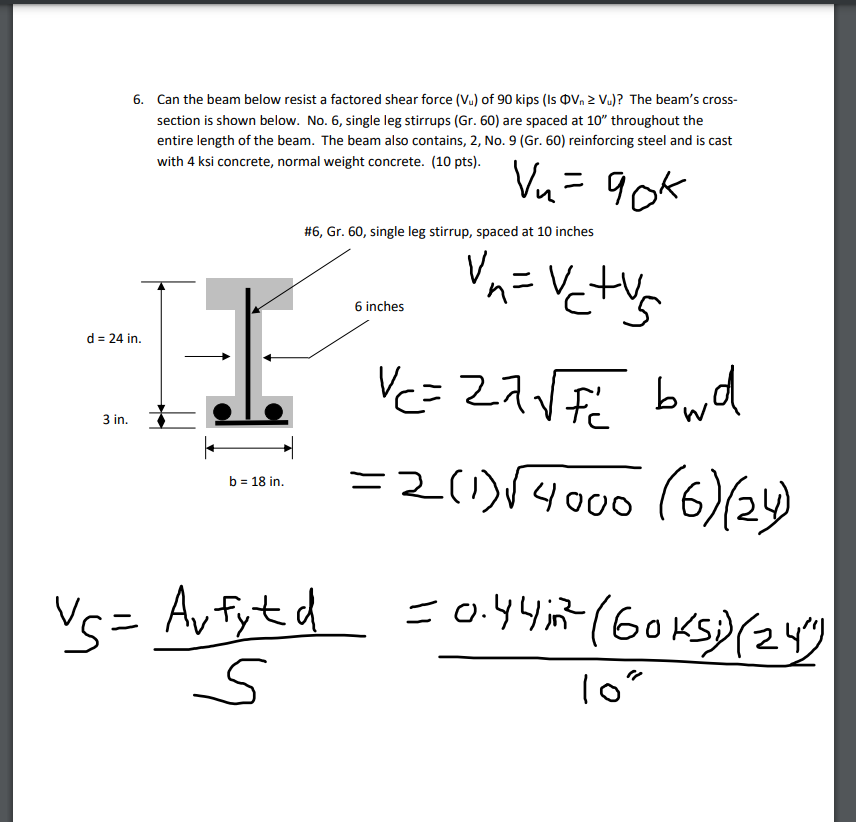 Solved VS=SAvfytd=10′′0.44 m2(60ksi)(24′′)S=6′′120−Vc=S0.44 | Chegg.com