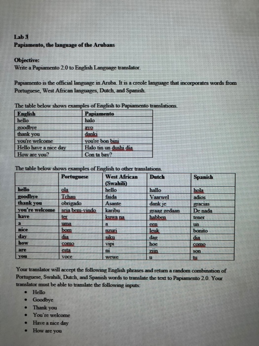 Solved Lab 3 Papiamento, the language of the Arubans | Chegg.com