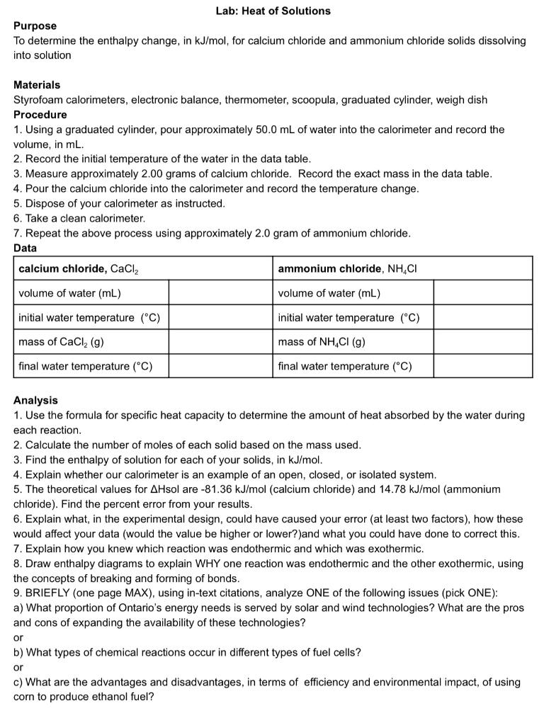 Solved Lab: Heat of Solutions Purpose To determine the | Chegg.com