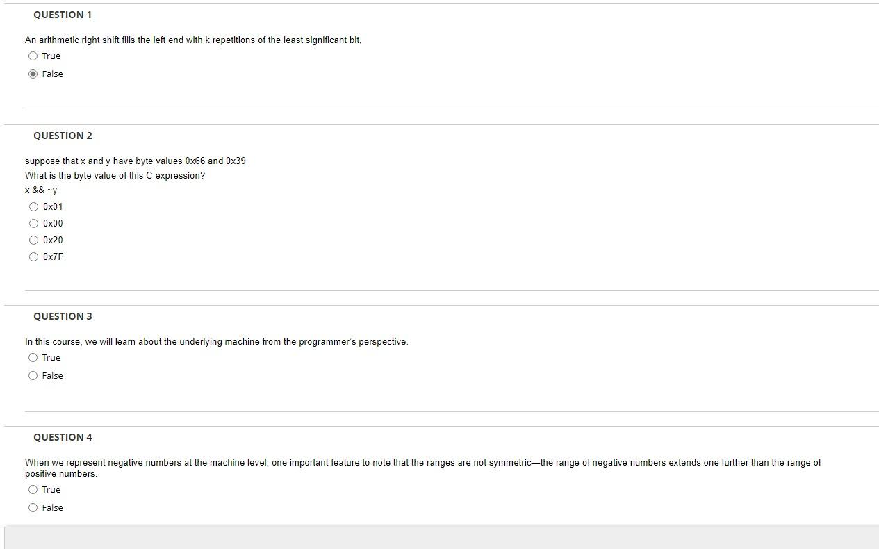 Solved question 1 an arithmetic right shift fills the left chegg
