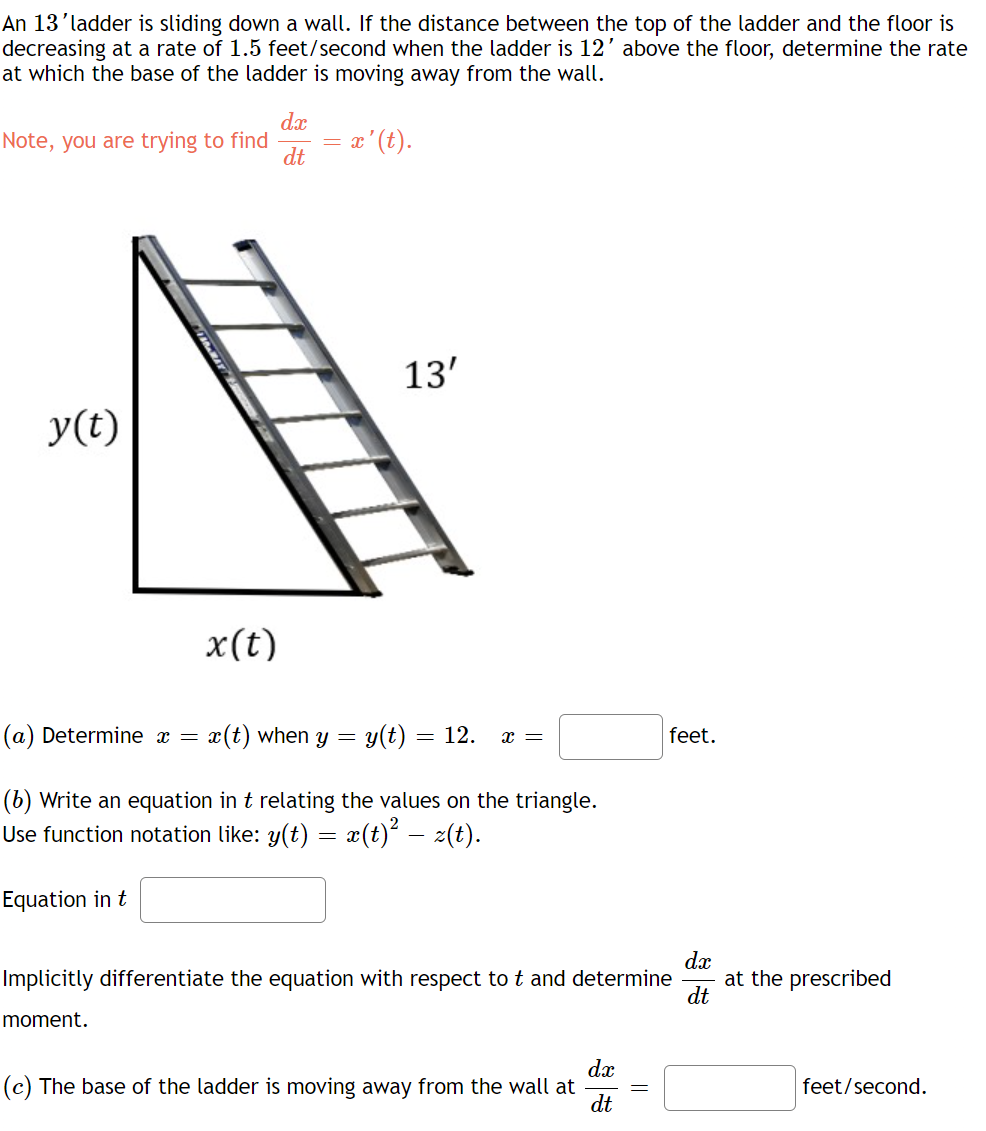 Solved An 13'ladder is sliding down a wall. If the distance | Chegg.com