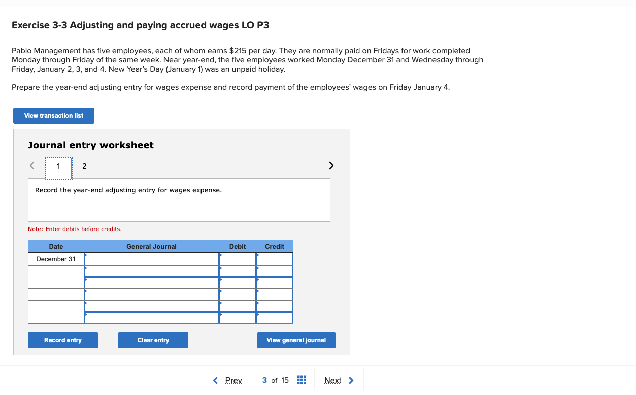 Solved Exercise 3-3 ﻿Adjusting And Paying Accrued Wages LO | Chegg.com