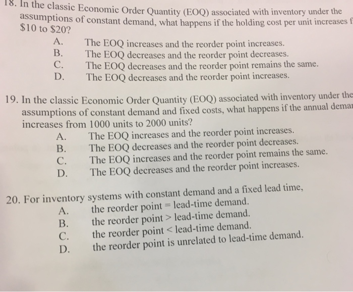 Solved In the classic Economic Order Quantity (EOQ) | Chegg.com