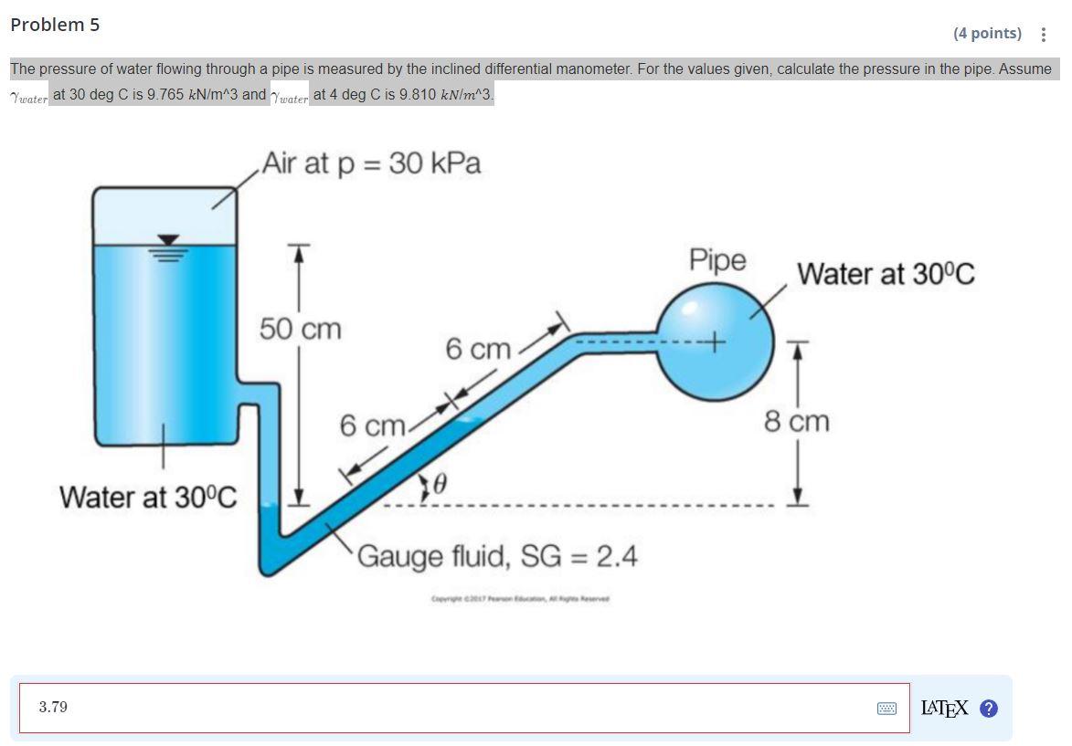 The pressure of water flowing through a pipe is measured by the inclined differential manometer. For the values given, calcul