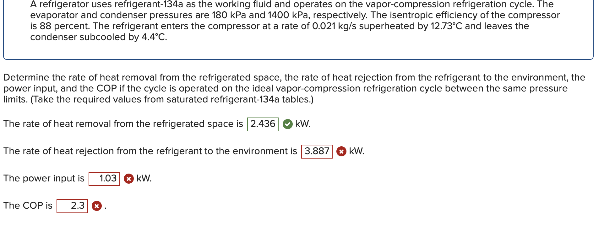 A refrigerator uses refrigerant-134a as the working fluid and operates on the vapor-compression refrigeration cycle. The evap