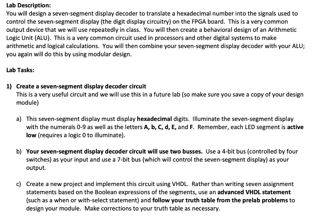 Solved Lab Description: You will design a seven-segment | Chegg.com