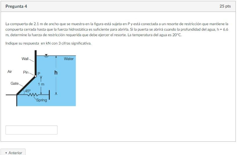 Pregunta 4 25 pts La compuerta de 2.1 m de ancho que se muestra en la figura está sujeta en P y está conectada a un resorte d