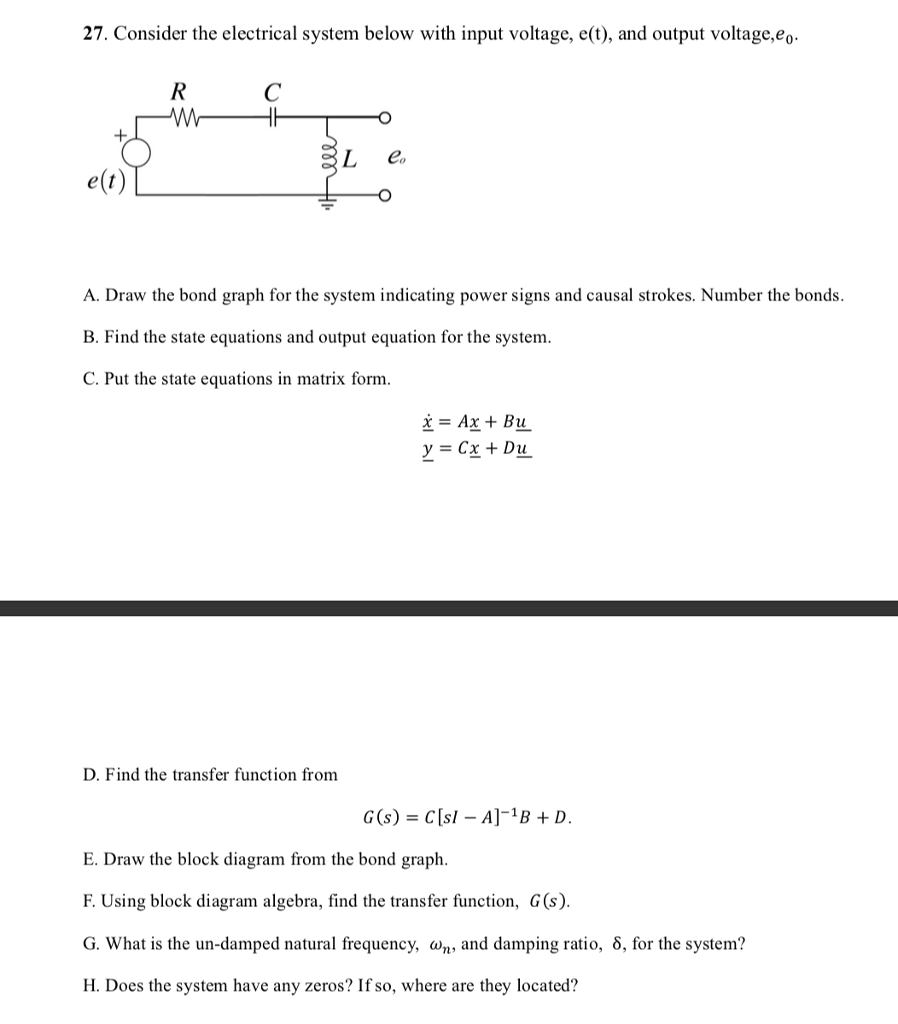Solved 27. Consider the electrical system below with input | Chegg.com