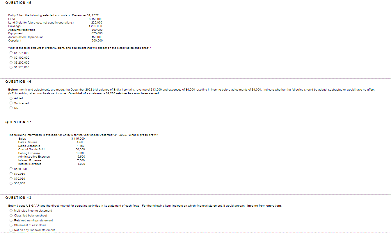 Solved QUESTION 15 Entity Z had the following selected