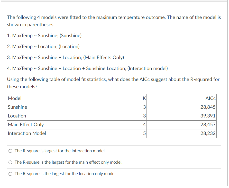 Solved The following 4 ﻿models were fitted to the maximum | Chegg.com