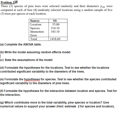 Solved Problem 2 Three (3) species of pine trees were | Chegg.com