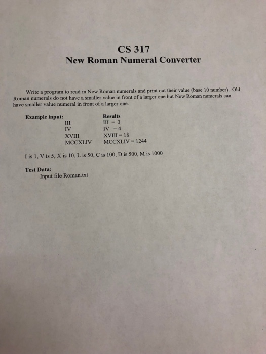 Solved CS 317 New Roman Numeral Converter Write a program to | Chegg.com