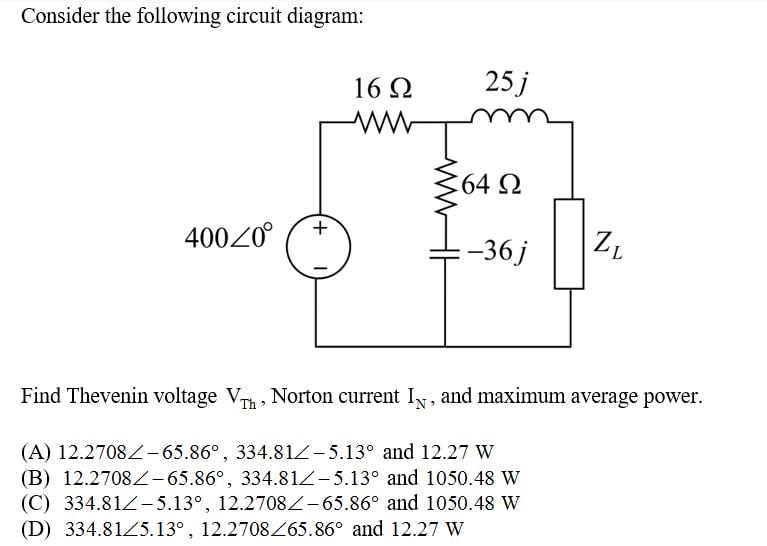 Solved Consider the following circuit diagram: 16 Ω 25j 6422 | Chegg.com