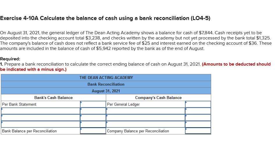 Solved Exercise 4-10A Calculate the balance of cash using a | Chegg.com