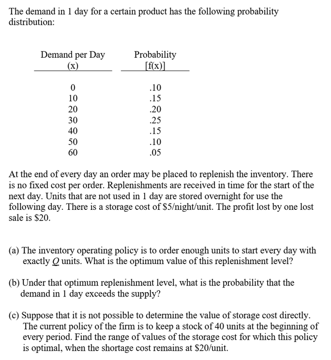 Solved The demand in 1 day for a certain product has the