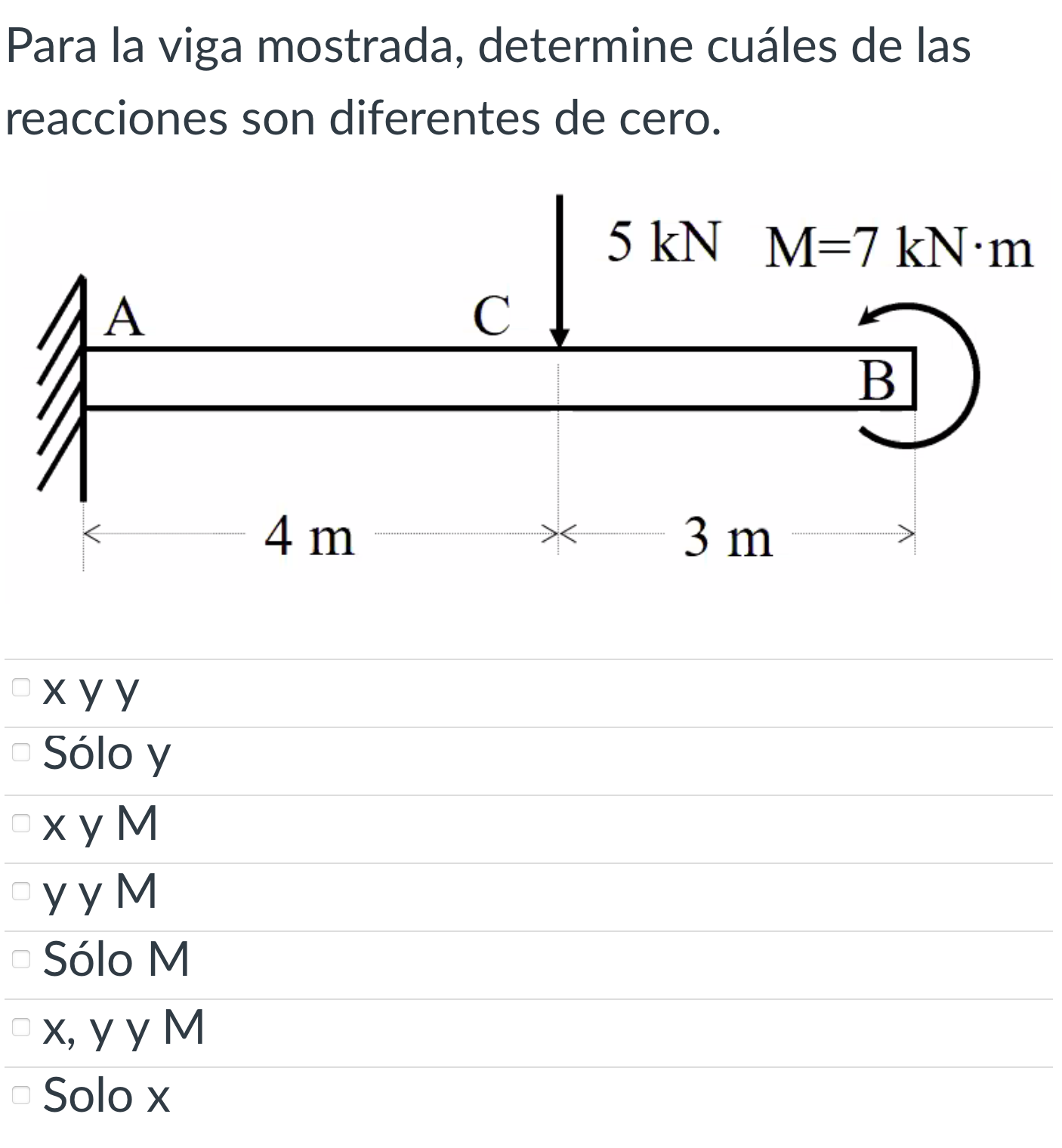 Para la viga mostrada, determine cuáles de las reacciones son diferentes de cero. l xy y Sólo y \( x y M \) y y \( M \) Sólo