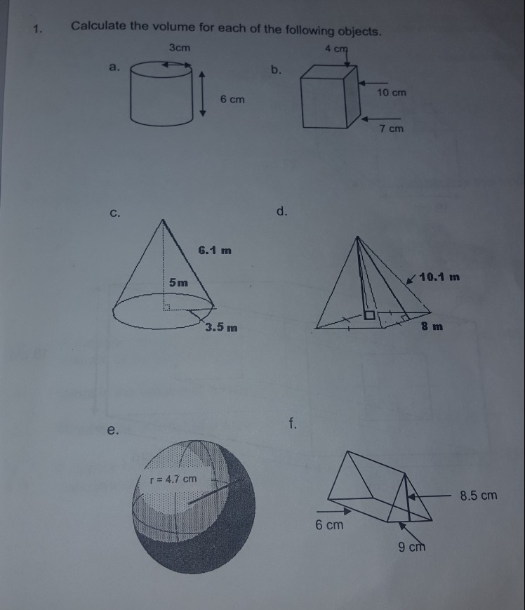 Solved Calculate the volume for each of the following | Chegg.com