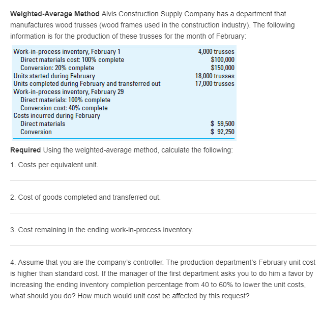 Solved WeightedAverage Method Alvis Construction Supply