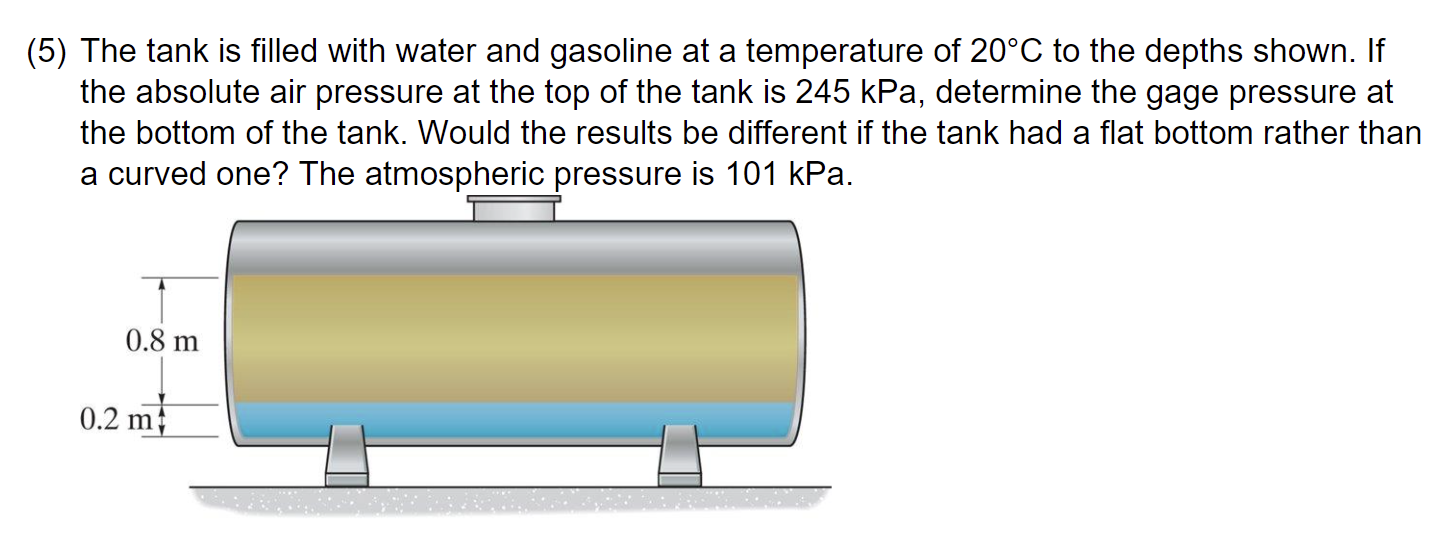 Solved (5) The tank is filled with water and gasoline at a