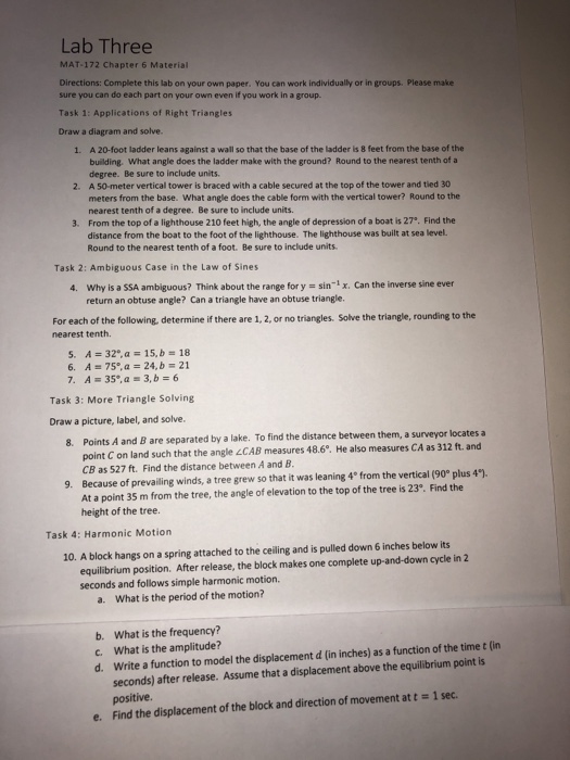 Solved Lab Three MAT-172 Chapter 6 Material Directions: | Chegg.com