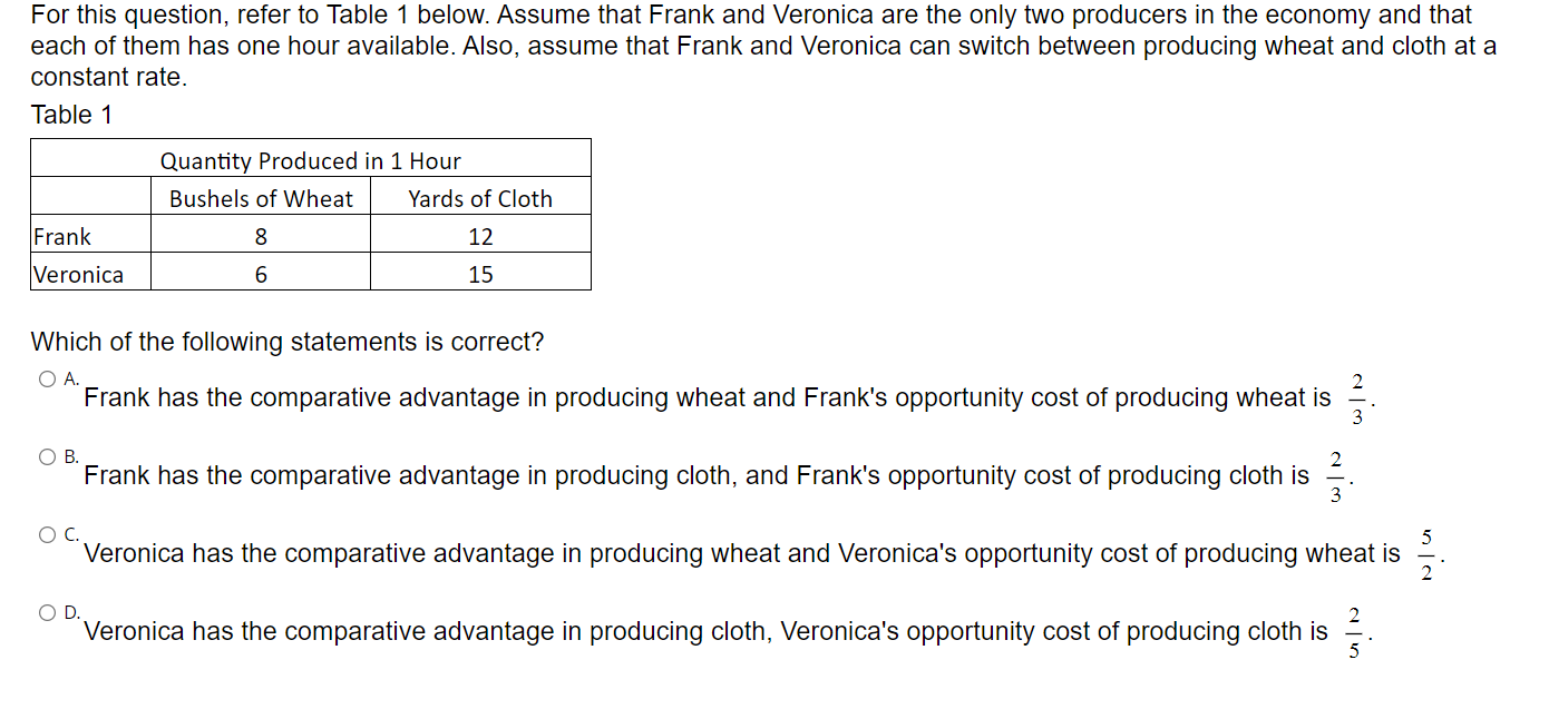 Solved For this question, refer to Table 1 below. Assume | Chegg.com