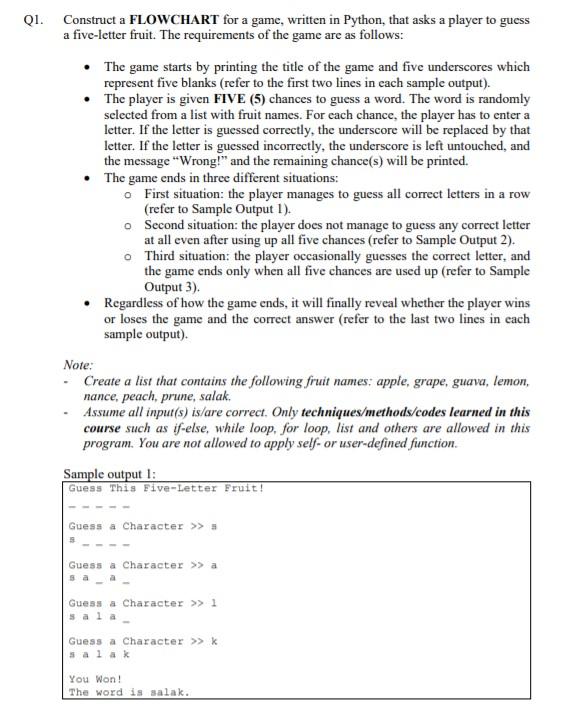 Solved Q1. Construct a FLOWCHART for a game, written in | Chegg.com