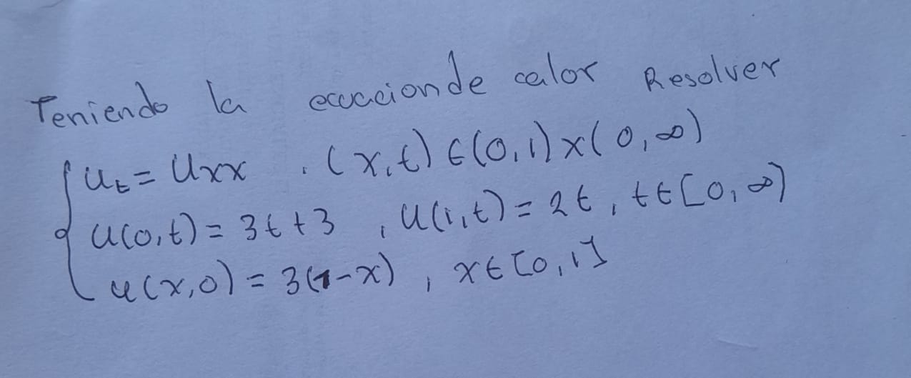 Teniendo la eacucionde calor Resolver \[ \begin{array}{l} \text { Teniendo la ecuciond } \\ \left\{\begin{array}{l} u_{t}=u_{